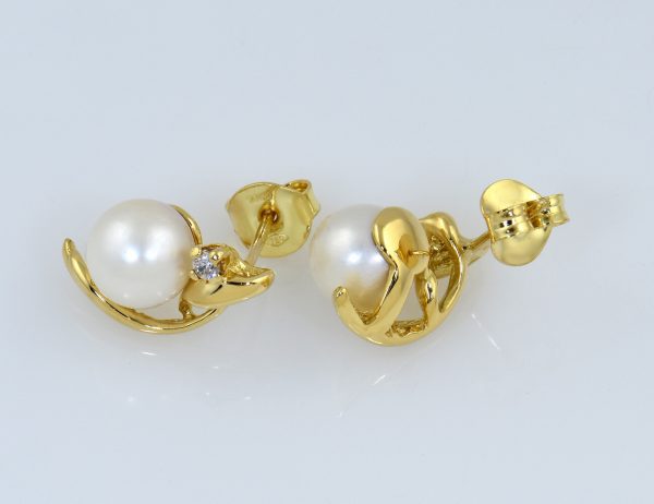Boucles d'oreilles en perle Akoya, or jaune 18 carats 750/000, clous d'oreilles avec zircone cubique