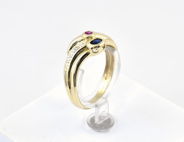 Saphir Rubin Ring 585/000 14 K Gelbgold 2 Diamanten zus.  0,02 ct