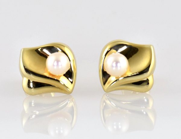 Boucles d'oreilles en perle Akoya, 585/000, or jaune 14 carats, boucles d'oreilles à tige