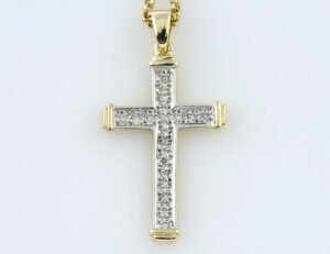 Diamant Kreuz mit Kette 585/000 14 K Gelbgold, 17 Diamanten zus. 0,20 ct