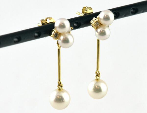 Ohrringe Perle 585 14 K Gelbgold Perlohrhänger, 4 Brillanten zus. 0,08 ct