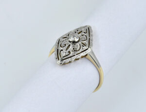 Art Deco Ring 585/000 14 K Gelbgold Saphir, 5 Diamanten zus. 0,07 ct