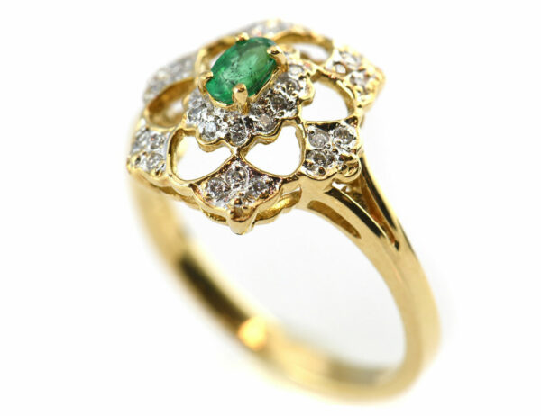 Smaragd Ring 585 14 K Gelbgold, 30 Diamanten zus. 0,25 ct