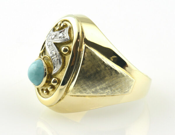 Antiker Ring, Diamant, Türkis, 585 14 K Gelbgold, 6 Diamanten zus. 0,05 ct