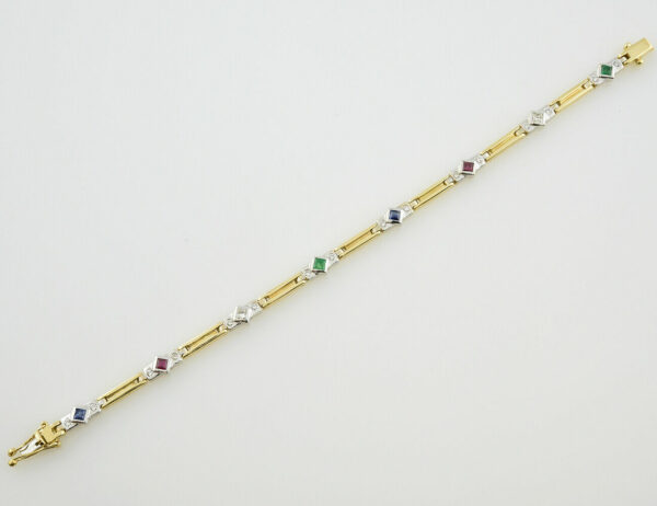 Armband Rubin, Saphir, Smaragd 18,5 cm 750 Gelbgold 18 Brillanten zus. 0,45 ct