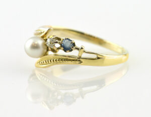 Ring Saphir, Perle, Diamant 585/000 14 K Gelbgold, 2 Diamanten zus. 0,10 ct
