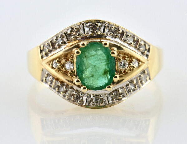 Smaragd Ring 585 14 K Gelbgold, 18 Diamanten zus. 0,13 ct
