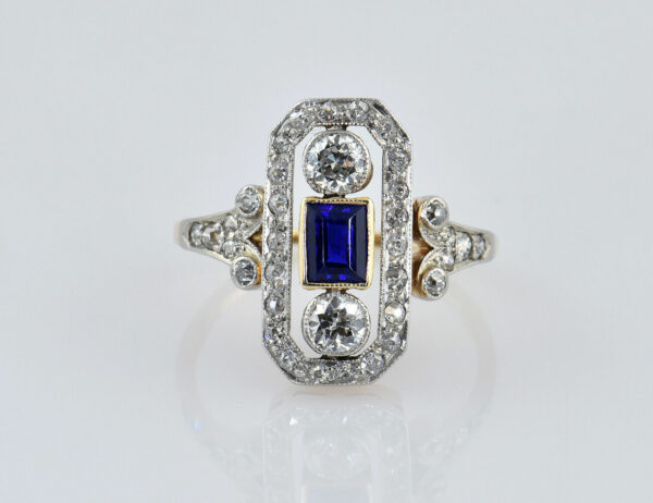 Art Deco Ring 585/000 14 K Gelbgold Saphir, 36 Diamanten zus. 0,80 ct