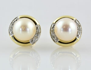 Ohrringe Perle 585/000 14 K Gelbgold Perlohrstecker 8 Diamanten zus. 0,06 ct