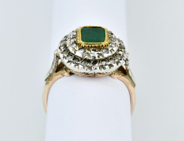 Smaragd Ring 585/000 14 K Gelbgold 800/00 Silber, 32 Diamanten zus. 0,40 ct