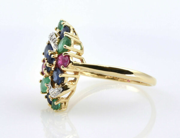 Ring, Saphir, Rubin, Smaragd 375/000 9 K Gelbgold 2 Diamanten zus. 0,01 ct