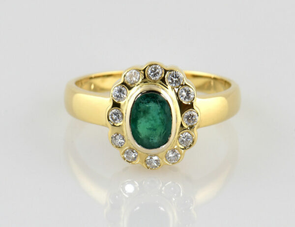 Smaragd Diamant Ring 750/000 18 K Gelbgold 12 Brillanten zus. 0,36 ct