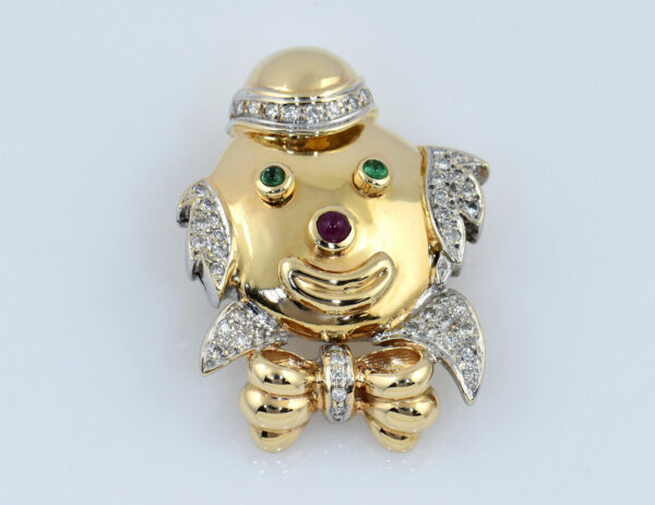 Anhänger Clown-Kopf Smaragd Rubin 585 14 K Gelbgold, 47 Diamanten zus. 0,50 ct