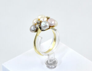 Ring Perle Diamant 585/000 14 K Gelbgold, 4 Brillanten zus. 0,12 ct