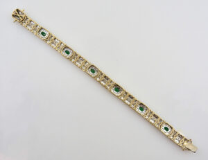 Armband Smaragd 585/000 14 K Gelbgold 154 Diamanten zus. 1,50 ct, 18,50 cm lang