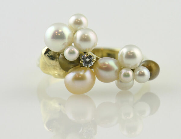 Ring Perlen, Diamant 585 14 K Gelbgold, Brillant 0,05 ct