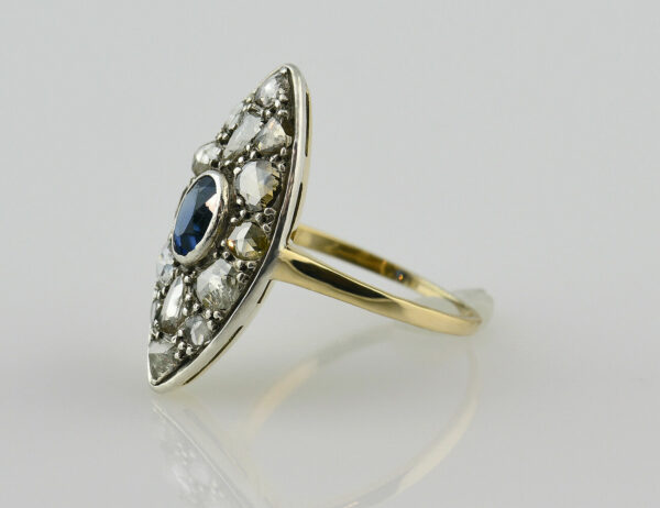 Art Deco Ring 585/000 14 K Gelbgold Saphir, Diamantrosen ca. 1,50 ct