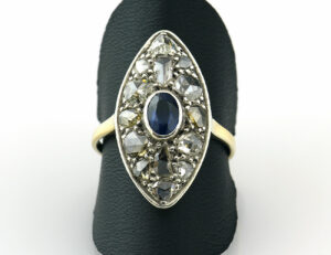 Art Deco Ring 585/000 14 K Gelbgold Saphir, Diamantrosen ca. 1,50 ct